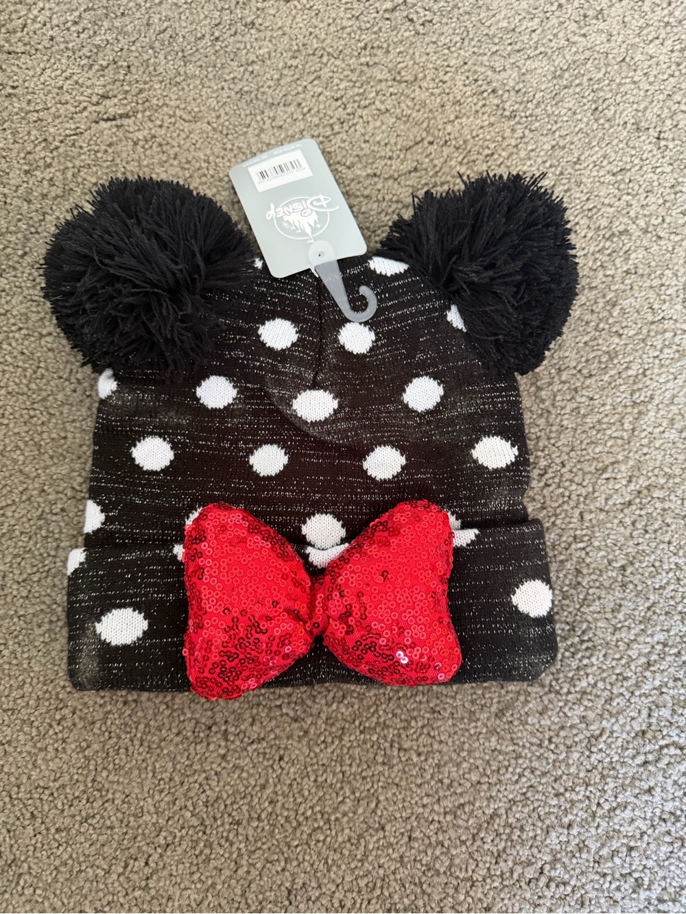 Disney Black & White Polka Dot Pom Beanie with Red Sequin Bow
